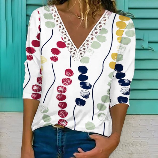 Puntoco - Blusa de manga larga con encaje estampado a la moda para mujer, tops casuales con cuello en V Puntoco Puntoco-565
