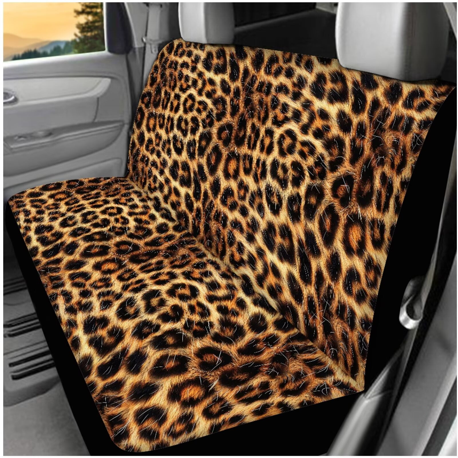 HUIACONG Brown Leopard Print Car Seat Covers Full Set for Women 14 Pcs Universal Cheetah Print Car Accessories Steering Wheel Cover Arm Rest Cover Seat Belt Pads Headrest Covers Coasters Keychain