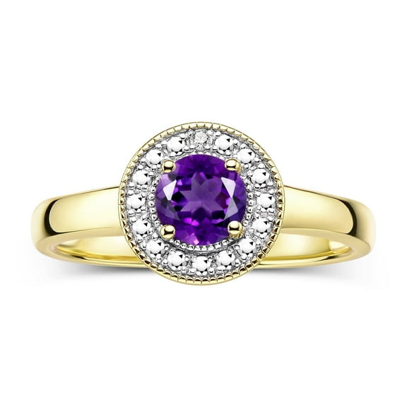 RYLOS Rings for Women 14K Gold Plated Silver Halo Birthstone Ring with Round 4MM Gemstone & Diamonds February Amethyst Jewelry Size 5