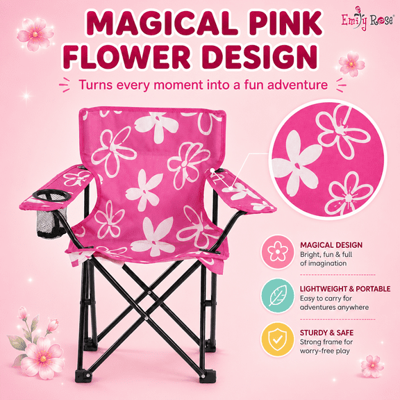 Emily Rose Kids Folding Chair | Pink Kids Beach Camping Chair for Girls with Safety Lock, Cup Holder & Carry Case- Toddler Chair for Tailgate, Travel, Lawn- for Indoor & Outdoor