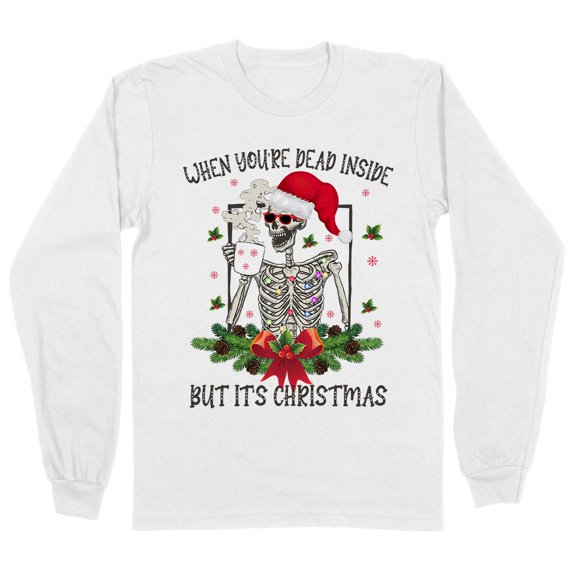 Santa Skeleton Dead Inside Long Sleeve Shirt Unisex Large White