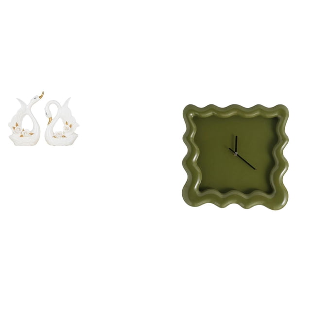 Elegante combinación de escultura de cisne de cerámica y reloj de pared cuadrado para estantería, armario, baño, cocina rústica o estudio.