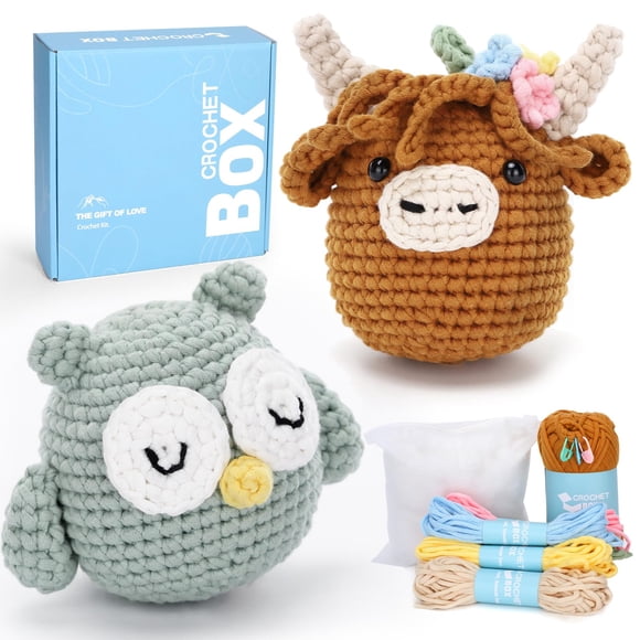 Kit de ganchillo CrochetBox Highland Cow and Owl para principiantes