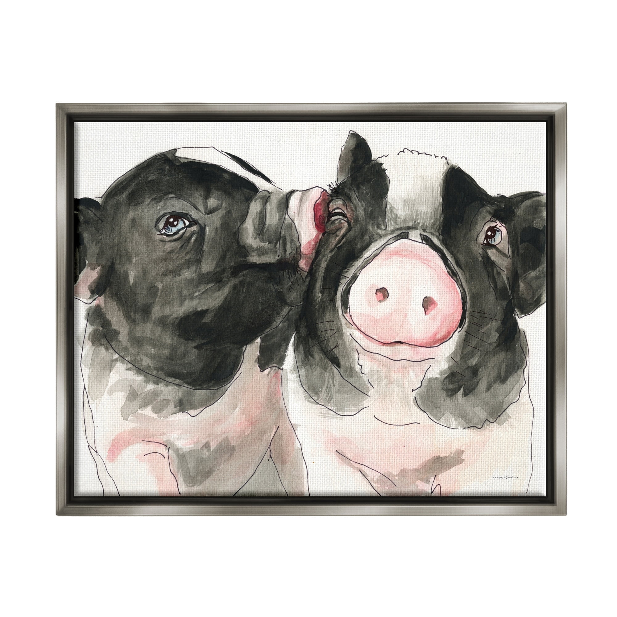 Stupell Industries Two Pigs Pink Snout Kiss Adorable Farm Animals Painting Luster Gray Floating Framed Canvas Print Wall Art, Design by Kamdon Kreations