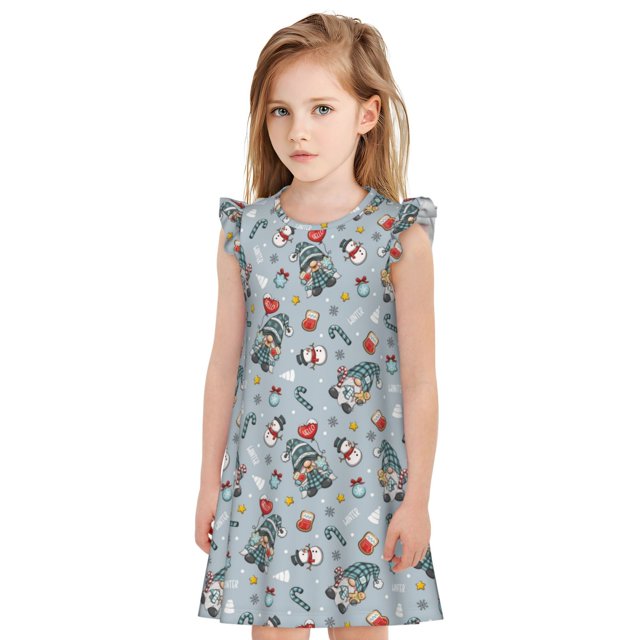 Fotbe Winter Gnome And Snowman Vestido de Dormir para Niñas de 3 a 10 Años, Mangas Cortas, Estilo Princesa, Pijama Camisón con Mangas Voladas-XX-Large