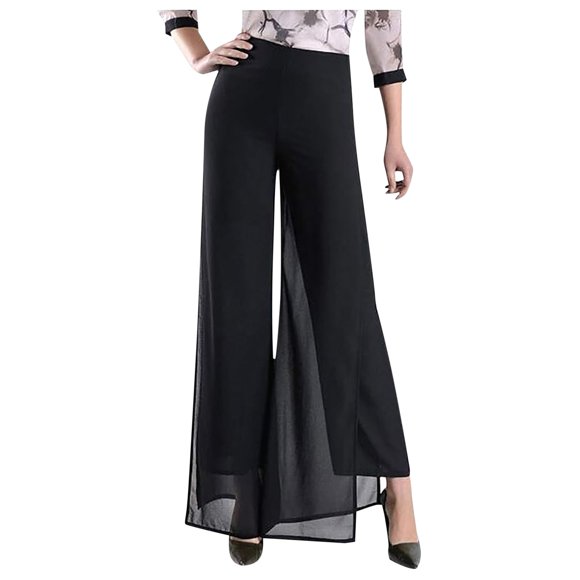 Aocisk Women's Lightweight Chiffon High Elastic Waist Flowing Trousers Flared Straight Leg Women Pants Wedding Culottes for Party Black S