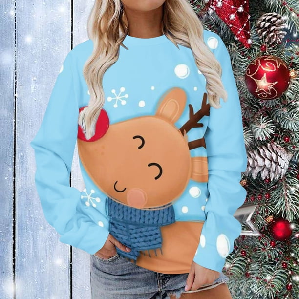 Pntutb Mujeres Manga Larga Camisas Casuales Impresión de Navidad Cuello Redondo Pullover Sudadera Túnica tops Pntutb Pntutb-690