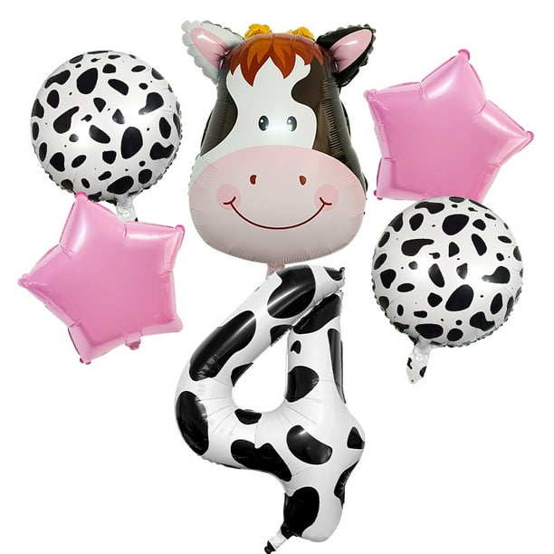 Juego de globos con temática de vacas de granja, 5 unidades, con globo número 4, fiesta infantil
