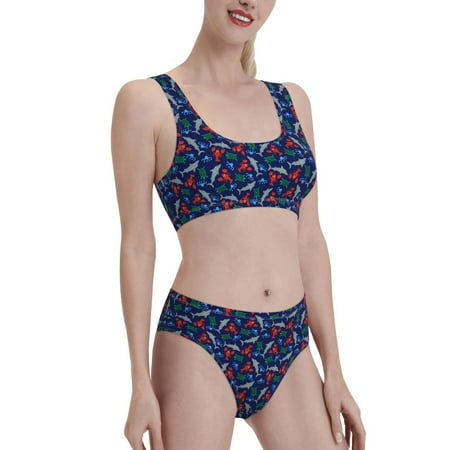 Uemuo Deep Down In The Ocean Printed Women s High Waisted Bikini Sets Sporty Two Piece Swimsuits Color Block Cheeky High Cut Bathing Suits-Large