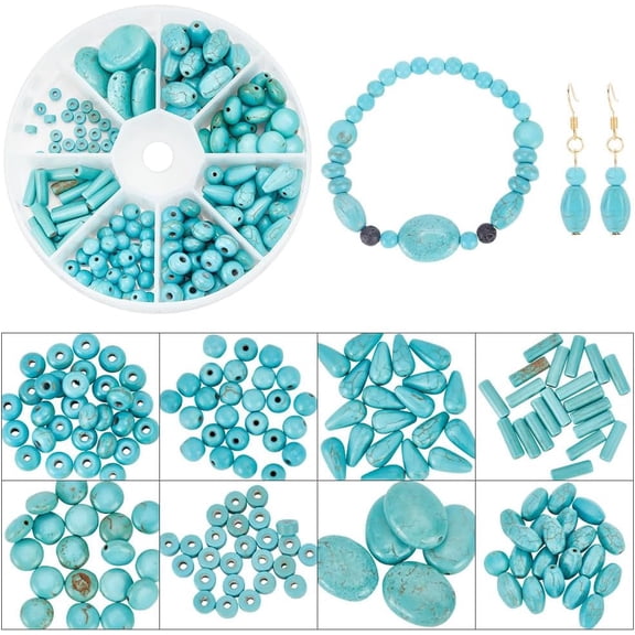 185 Pcs Turquoise Stone Beads 8 Styles Blue Howlite Gemstone Beads Oval Column Round Loose Beads Slice Beads Spacer Beads for DIY Jewelry Making Craft
