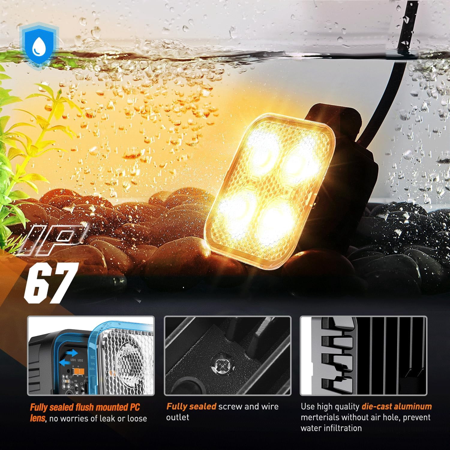 Nilight 2Pcs 3inch 15W Amber Led Pods Square Built-in EMC 90° Flood Beam Angle for Offroad Lights Side Rear Back-Up Light for Tractor Truck etc