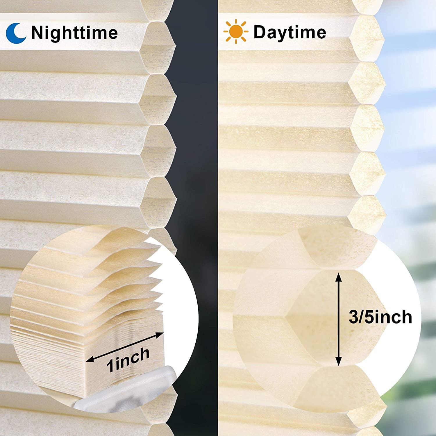 LazBlinds Cordless Cellular Shades, No Tools No Drill Light Filtering Honeycomb Shades Pleated Blinds for Windows, 34'' W x 64'' H, Alabaster