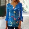 thumbnail image 2 of YUGYXL Womens Trendy 3/4 Bell Sleeve Blouses Casual Ruffled Floral Tunics Comfy Button V-Neck Henley Shirts Summer Pleated Swing Tops C Multicolor M, 2 of 5