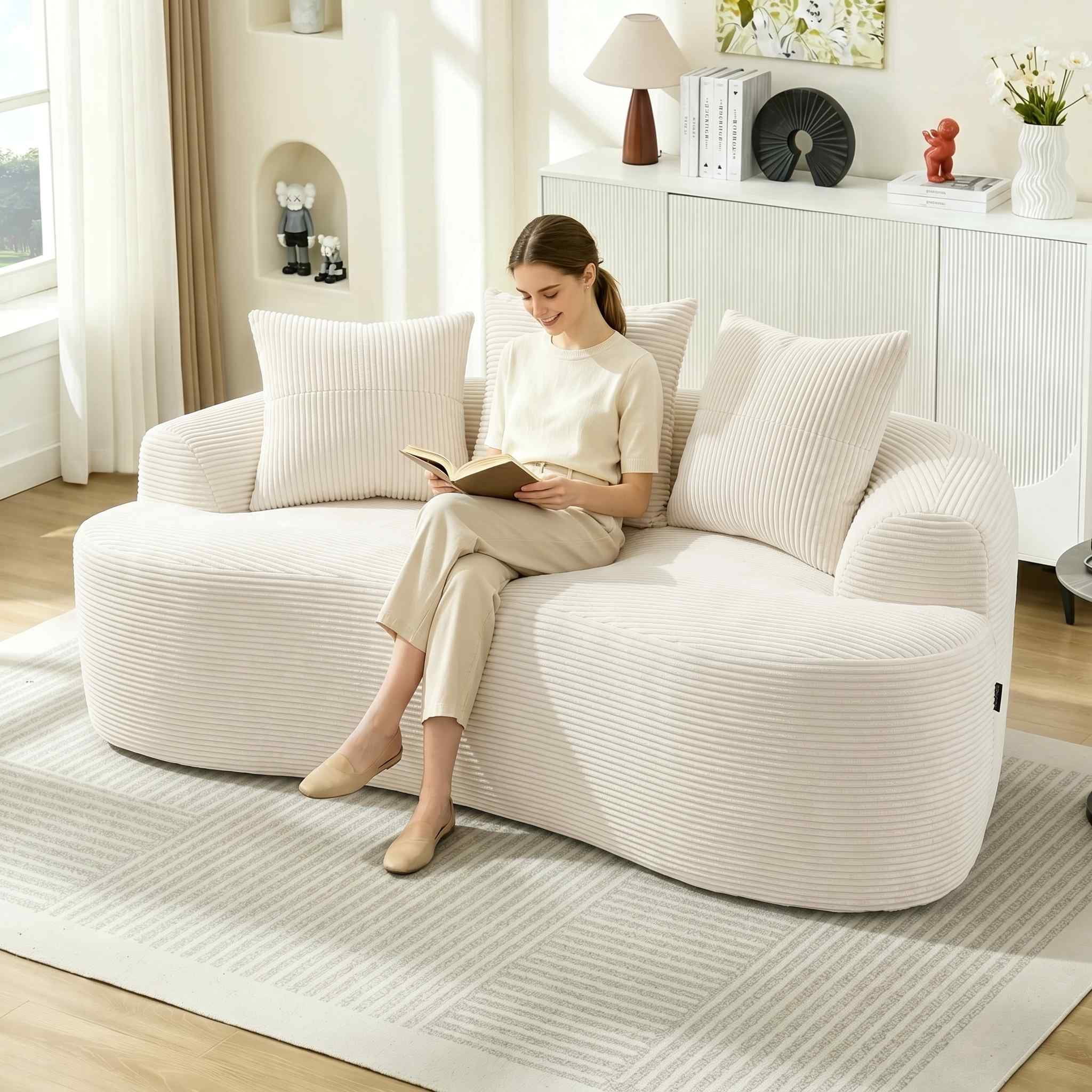 Timbernest 65" Curved Loveseat, Corduroy Boneless Cloud Couch, Small Space Sofa for Living Room, Apartment, Beige