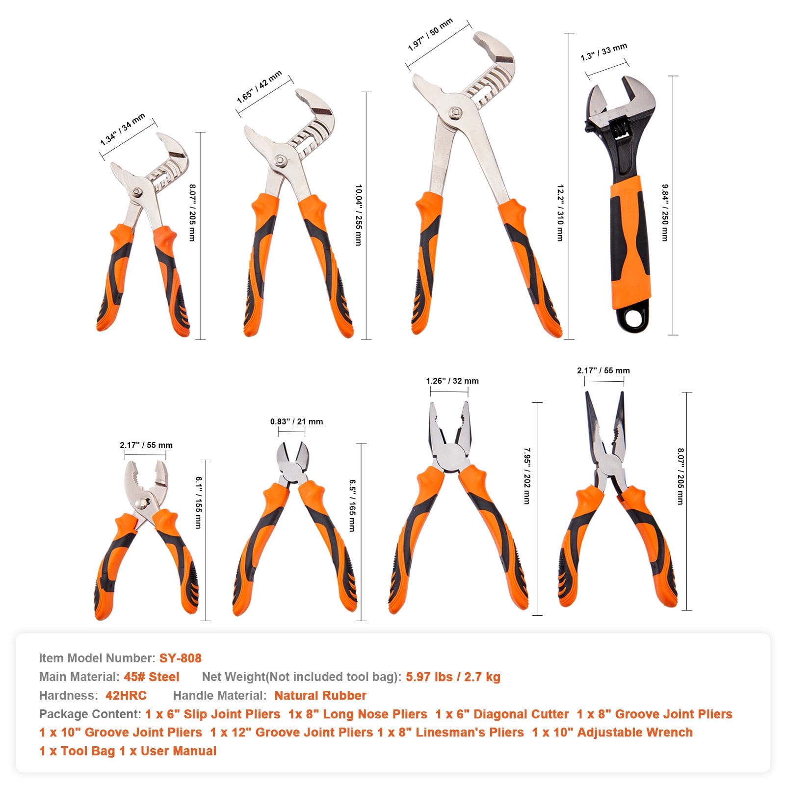 VEVOR Pliers Set, 8-Piece, High Carbon Steel, 12"/10"/8" Groove Joint Pliers, 8" Linesman's Pliers, 6" Slip Joint Pliers, 8" Long Nose Pliers, 6" Diagonal Cutter, 10" Adjustable Wrench & Tool Bag