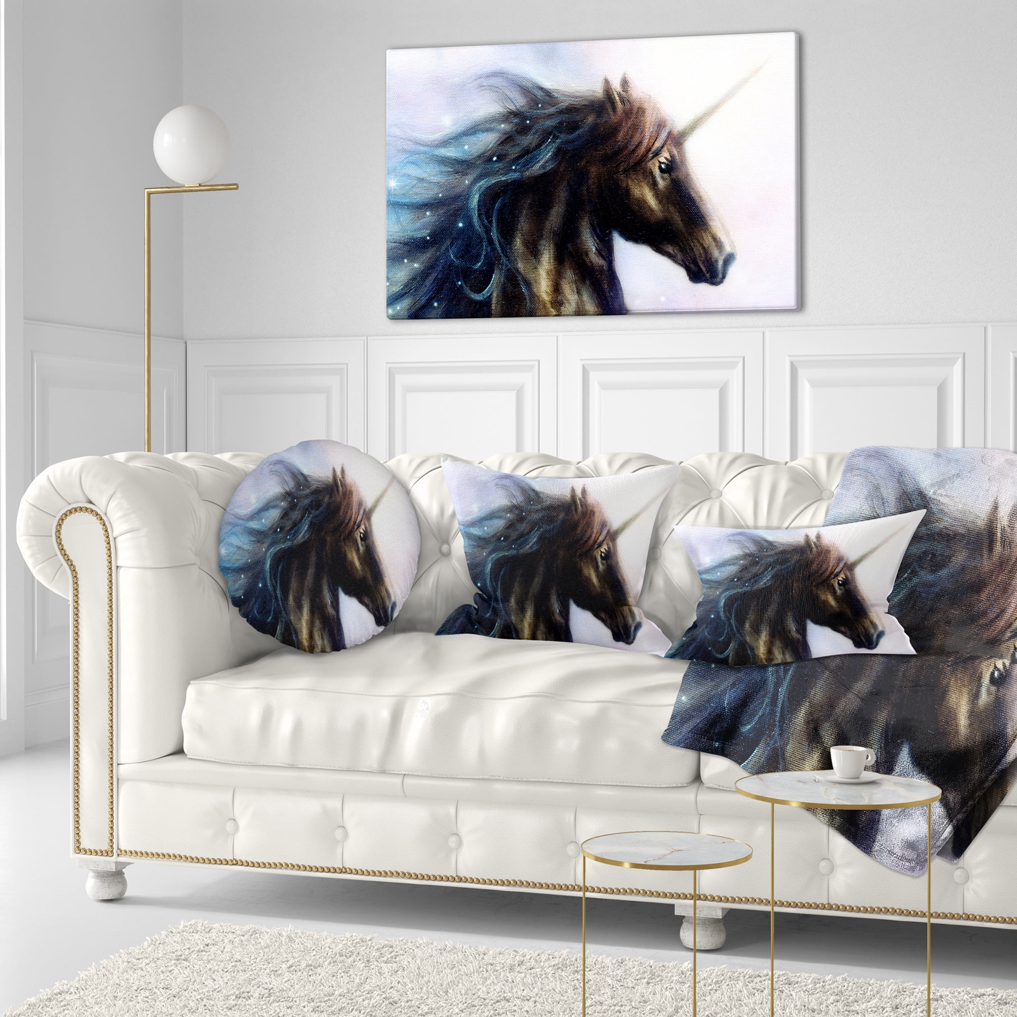 Designart Black Unicorn - Animal Throw Pillow - 12x20