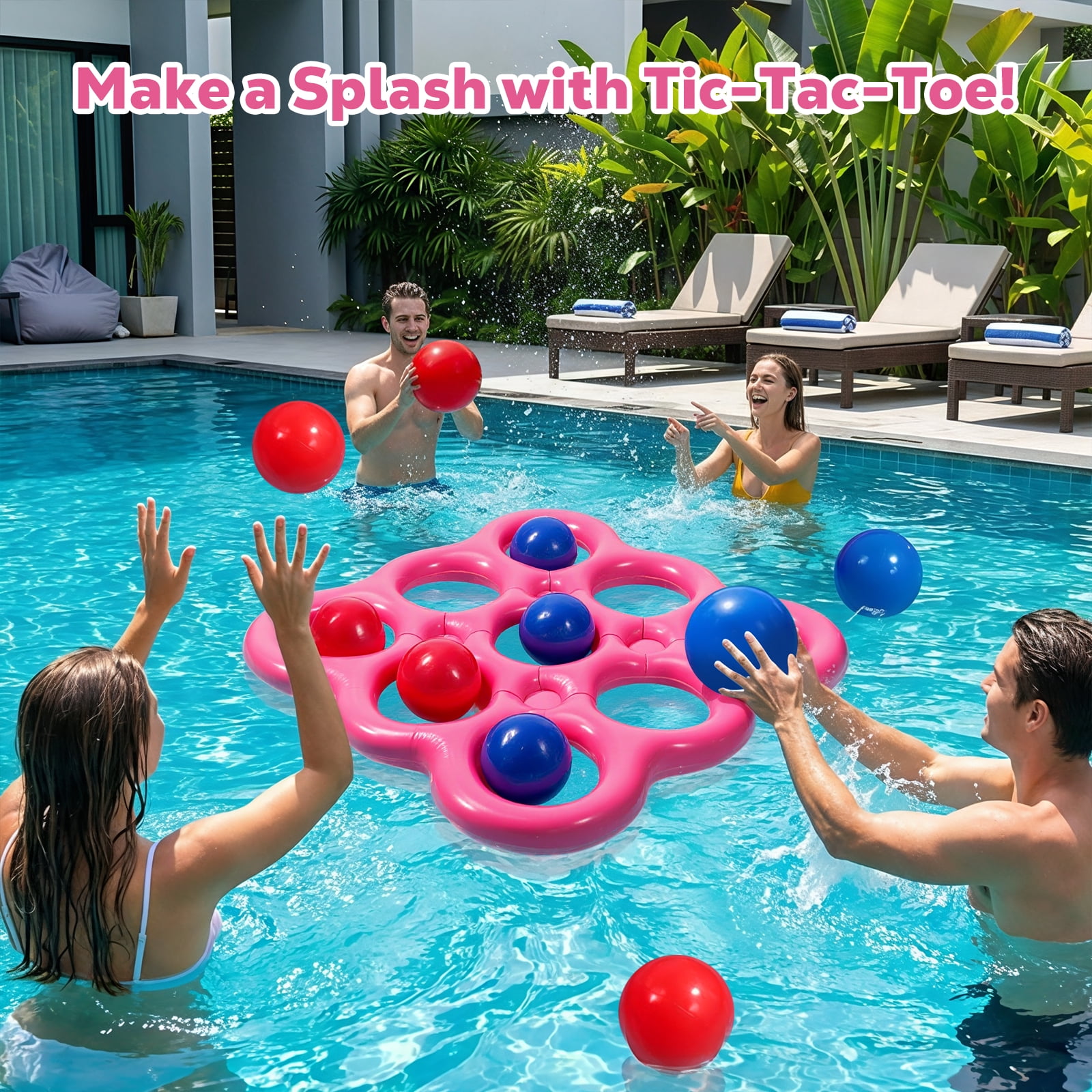 MoKo Pool Toys Games Set Tic-Tac-Toe Inflatable Pool Toy with 10 Balls - for Adults Teens Kids 2-10 Players, Magenta