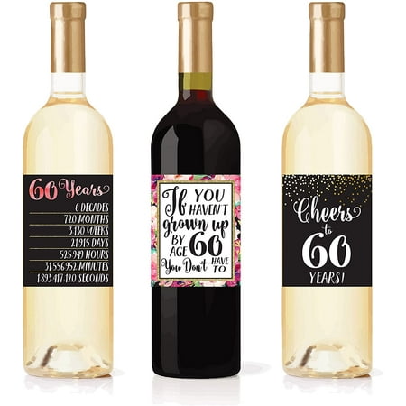 6 60th Birthday Wine Bottle Labels or Stickers Present, 1958 Bday Milestone Gifts For Her Women, Cheers to 60 Years Funny Sixty Chic Pink Black Gold ...