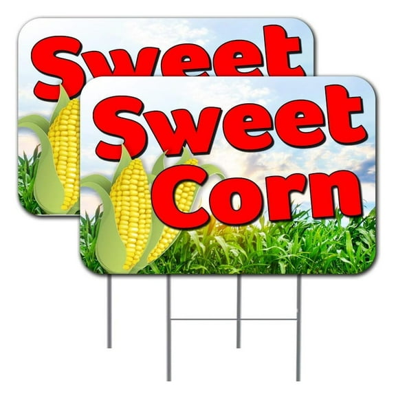 2 Pack Sweet Corn Yard Sign 16" x 24" - Double-Sided Print, with Metal Stakes Made in the USA 841098106355
