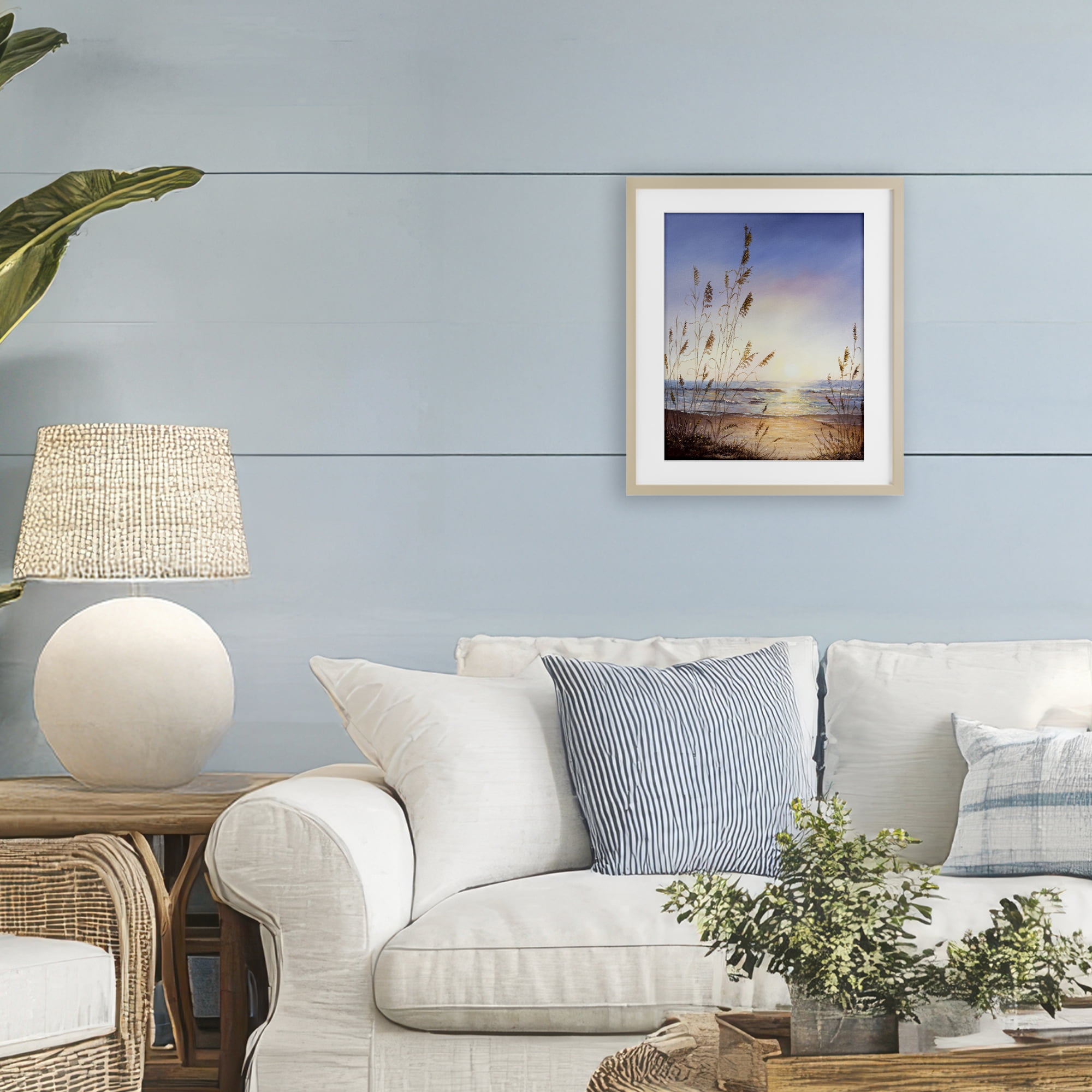 Seascape with Sunlit Grasses Birch Framed Print Under Glass, design by Michelle Faber