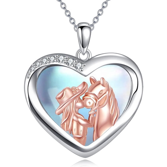 Heart Horse Necklace for Women 925 Sterling Silver Horse Pendant Necklace Moonstone Heart Pendant CZ Jewelry Gift for Wife Mother Birthday Anniversary