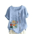 thumbnail image 3 of Feancey Tunic Tops for Women Loose Fit Dressy Casual Linen Blouse Boho Floral Printed Plus Size T Shirts Summer Short Sleeve Crewneck Tees Light Blue S, 3 of 5