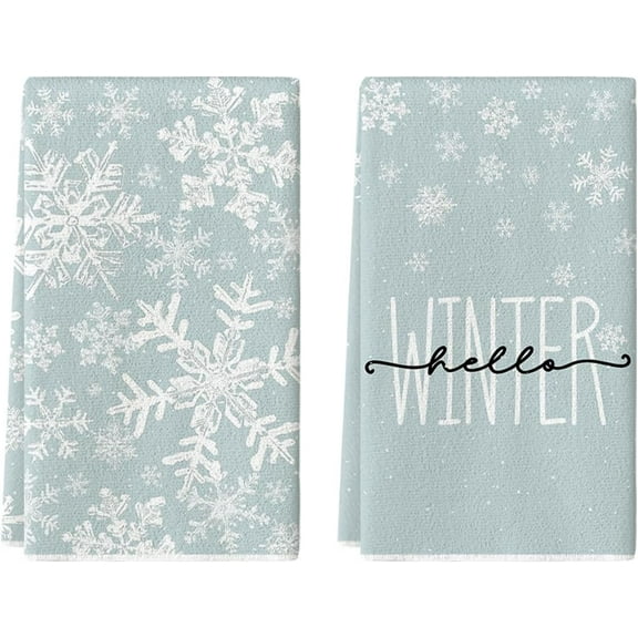 Aqua Snowflake Hello Winter Kitchen Towels Dish Towels, 16x24 Inch Farmhouse Holiday Decoration Cleaning Set of 2