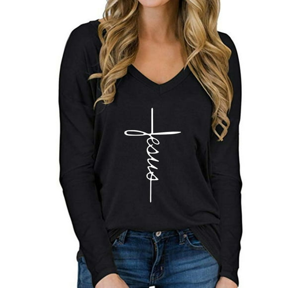 Women's Long Sleeve V-neck Cross Print Loose Casual T-shirt Top