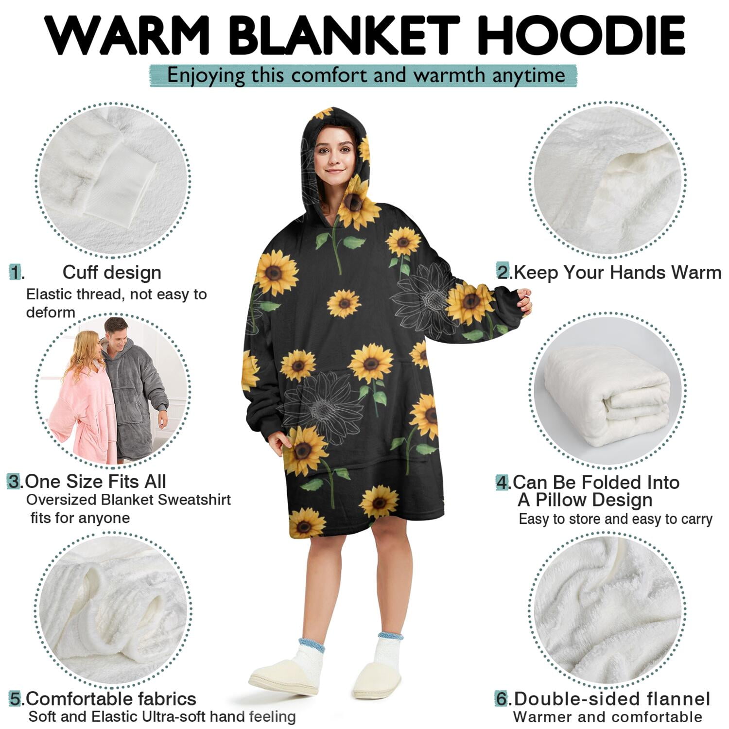 Black Yellow Green Stem Sunflower Pattern Wearable Oversized Blanket,Wearable Blanket Hoodie for Adults,Cozy Hooded Blankets with Super Pockets,Super Warm Fuzzy Pullover for Women & Men