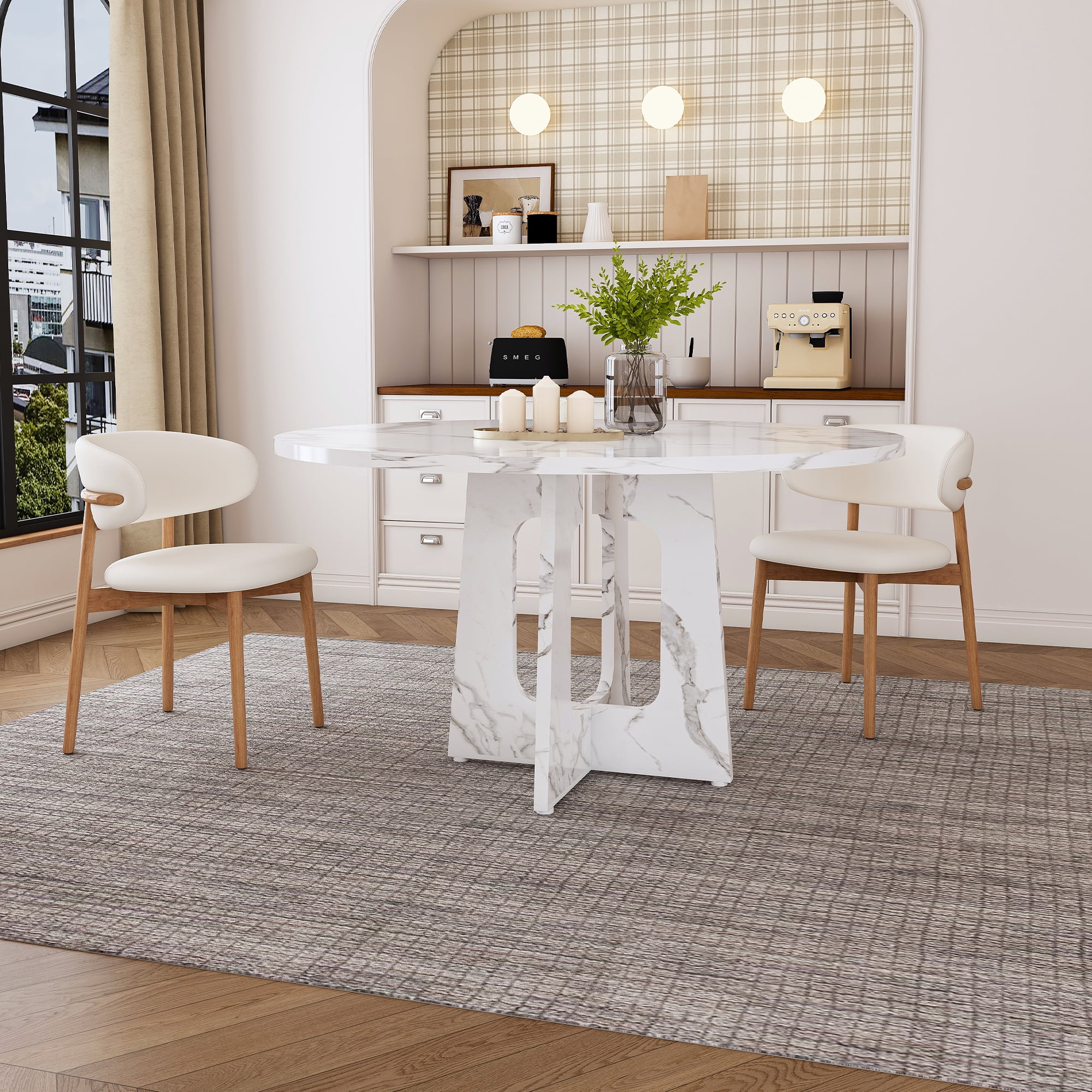 Miniyam 47" Round Dining Table for 4-6 People, Modern Pedestal Base White Marble Look MDF Dining Room Table for Kitchen, Apartment