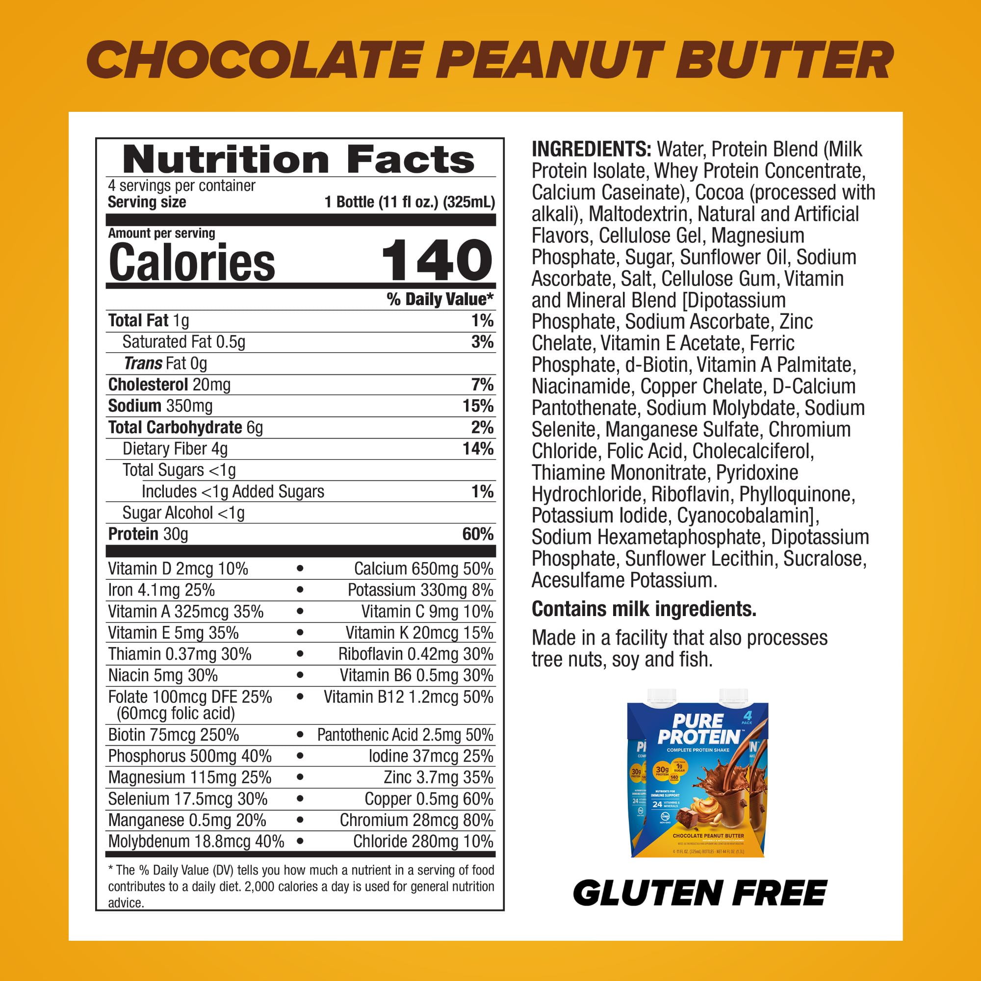 Pure Protein Chocolate Peanut Butter Complete Protein Shake, Gluten Free, 11 fl oz, 4 Ct