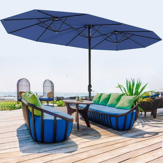 Patio Umbrella with Base Included, Double-Sided Outdoor Market Rectangle Umbrellas with Crank Handle for Pool, Deck, Backyard