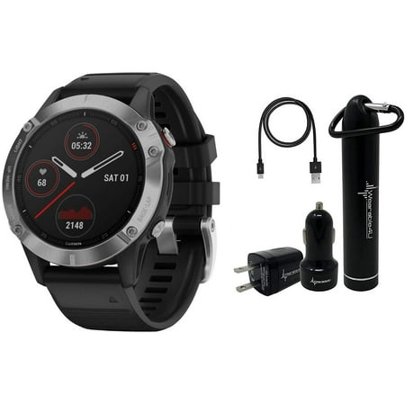 Garmin Fenix 6 Premium Multisport GPS Watch with Included Wearable4U Power Pack Bundle (Silver with Black Band)