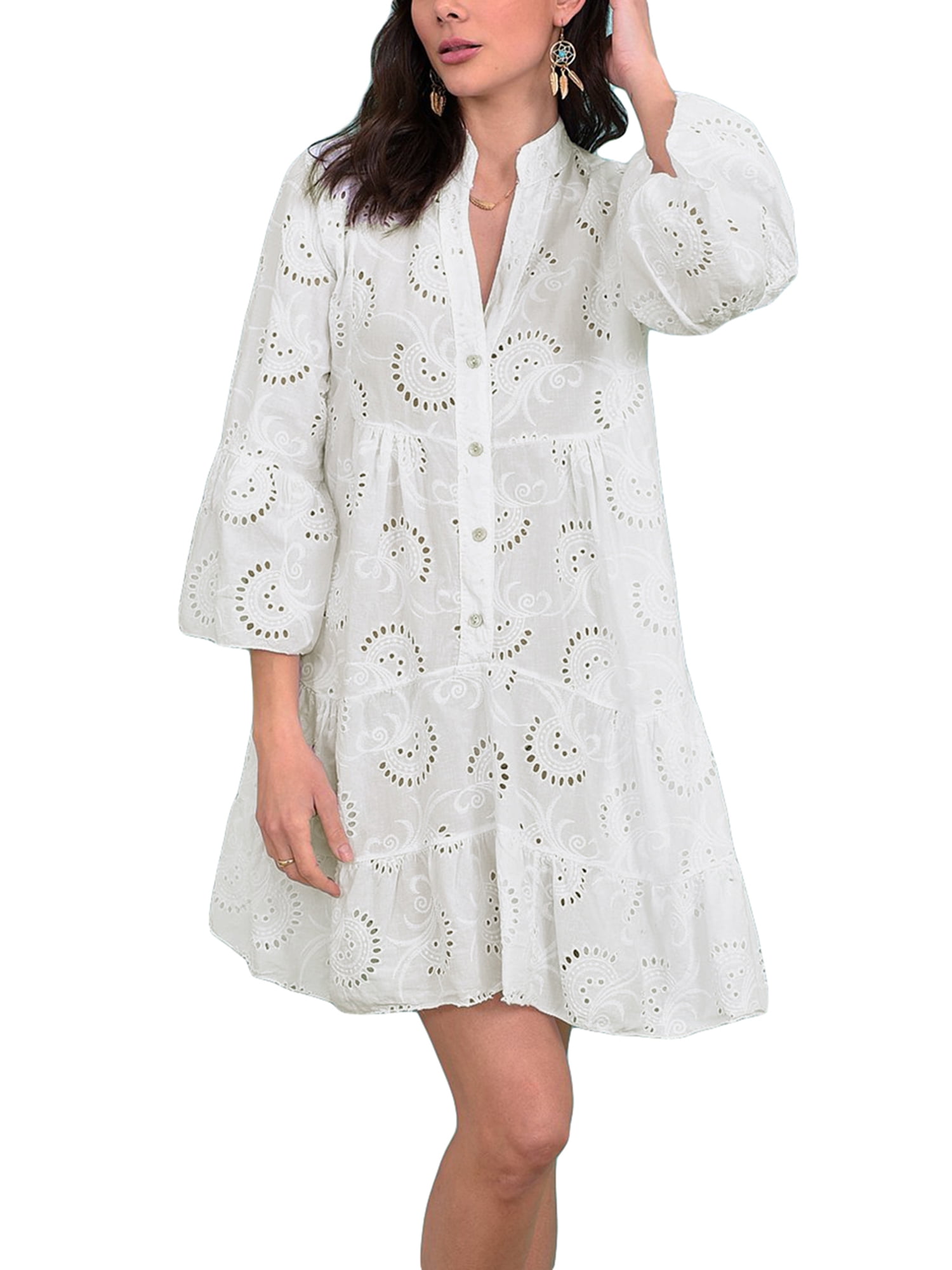 Oversized Fit Embroidered Sleeves Lace up Shirt dress