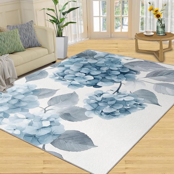 Hydrangea Floral Area Rug, Blue Botanical Washable Rug, Non Slip Low Pile Carpet for Living Room Bedroom Home Decor 2x3ft