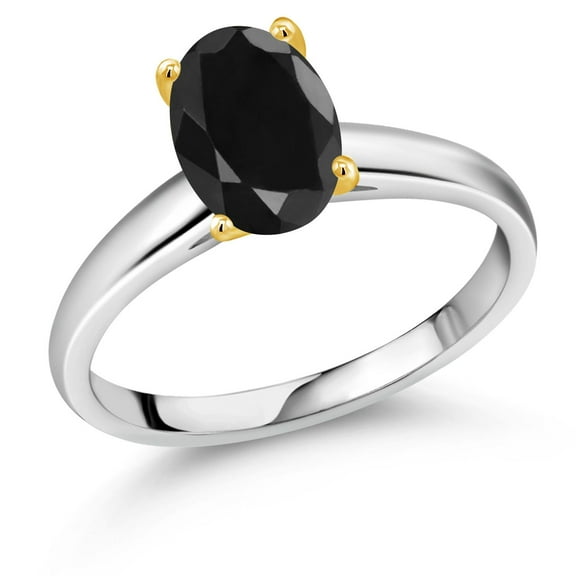 Gem Stone King 2.50 Ct Oval Black Sapphire 10K White and Yellow Gold Ring Ring (Size 5)