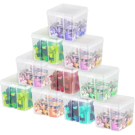 IRIS USA Vertical Plastic Flip Top Storage Containers Bins with Lids for Pantry Home Office Organization Small Stackable Hinged Organizer with Latches Clear 10 Pack