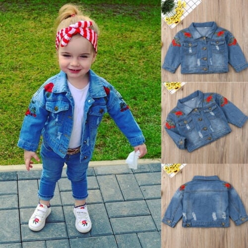 IMEKIS Kid Baby Girls Jean Coat Spring Autumn Flower Embroidered Jacket Outerwear Hooded Hood Overcoat Long Sleeve Button Up Vintage Denim Light Wash Ripped Top Outwear