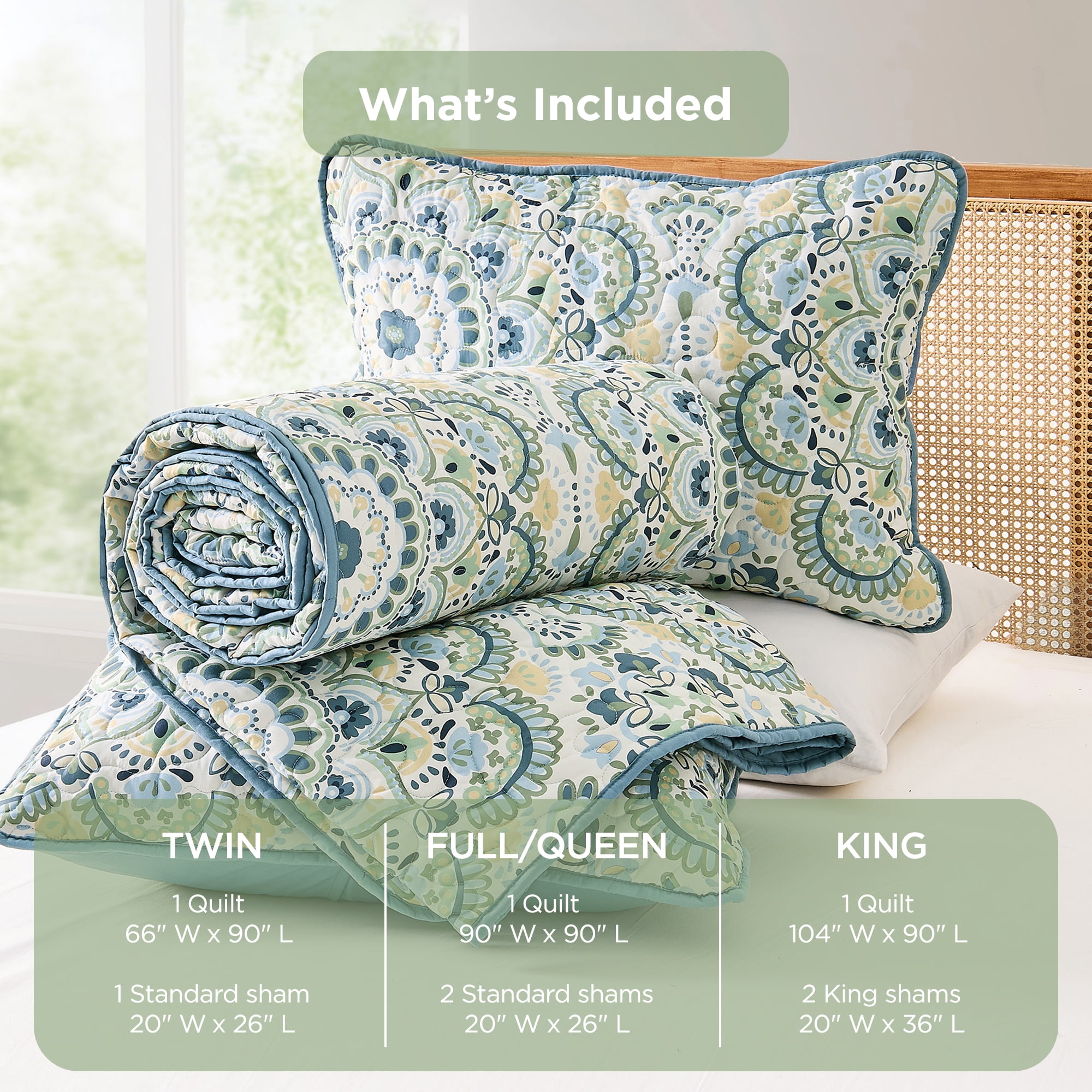 Regency Heights Twin/Twin Quilt Set, 3-Piece Reversible Bedspread Coverlet Set, Green Quilted Bedding Set with Shams for All Season