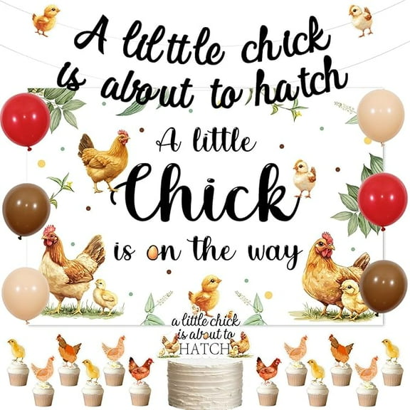 Chicken Themed Baby Shower Decoration, A Little Chick Is About To Hatch Banner Farm Animal Chick Themed Backdrop Balloons Cake and Cupcake Topper Kit for Chick Party Baby Shower Supplies