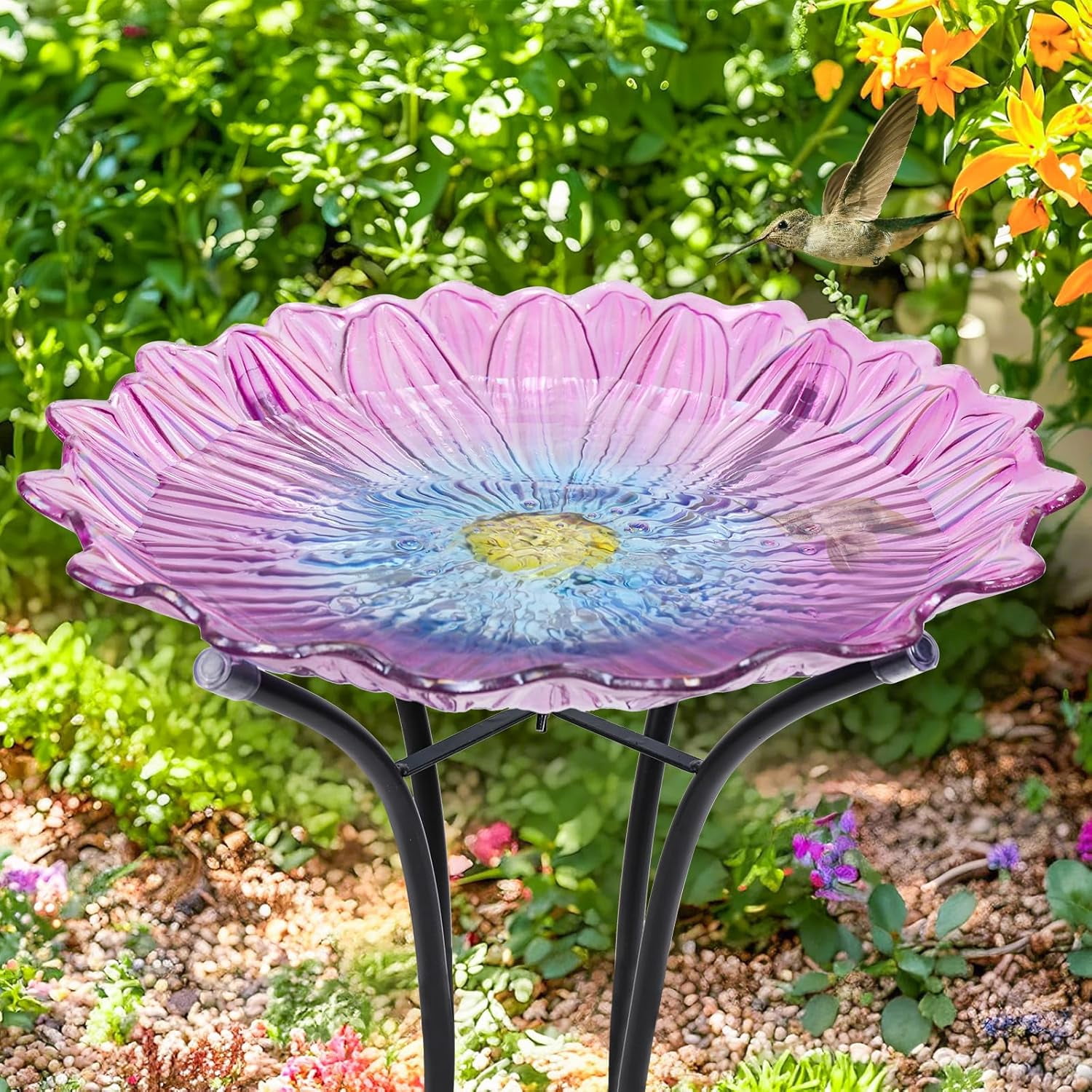 Outdoor Bird Bath, Pink Blue Flower Bird Bath with Metal Stand, Attract Birds, Suitable for Patio Garden Decoration, Outdoor Decoration