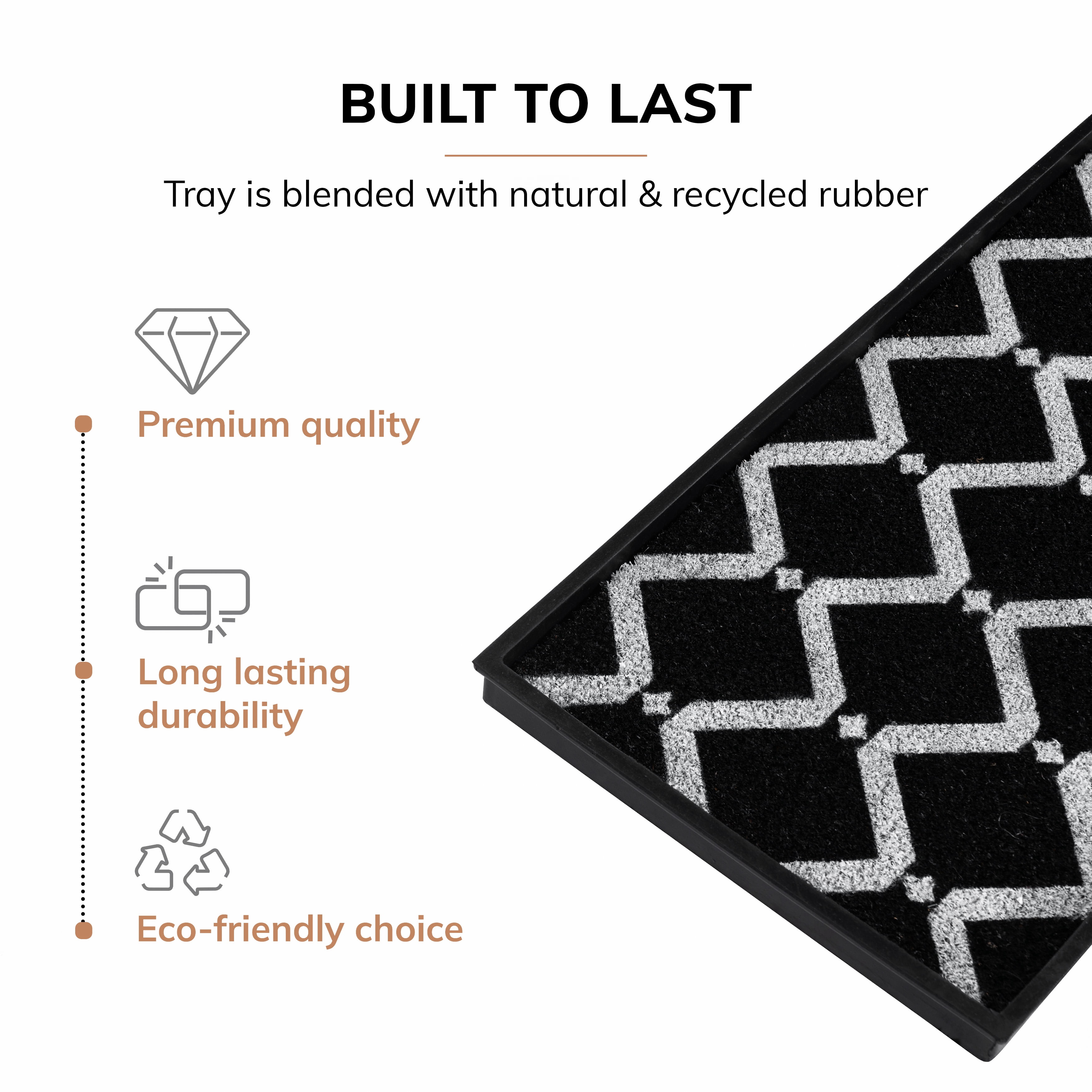 Natural & Recycled Rubber Boot Tray with Black & Ivory Diamond Coir Insert