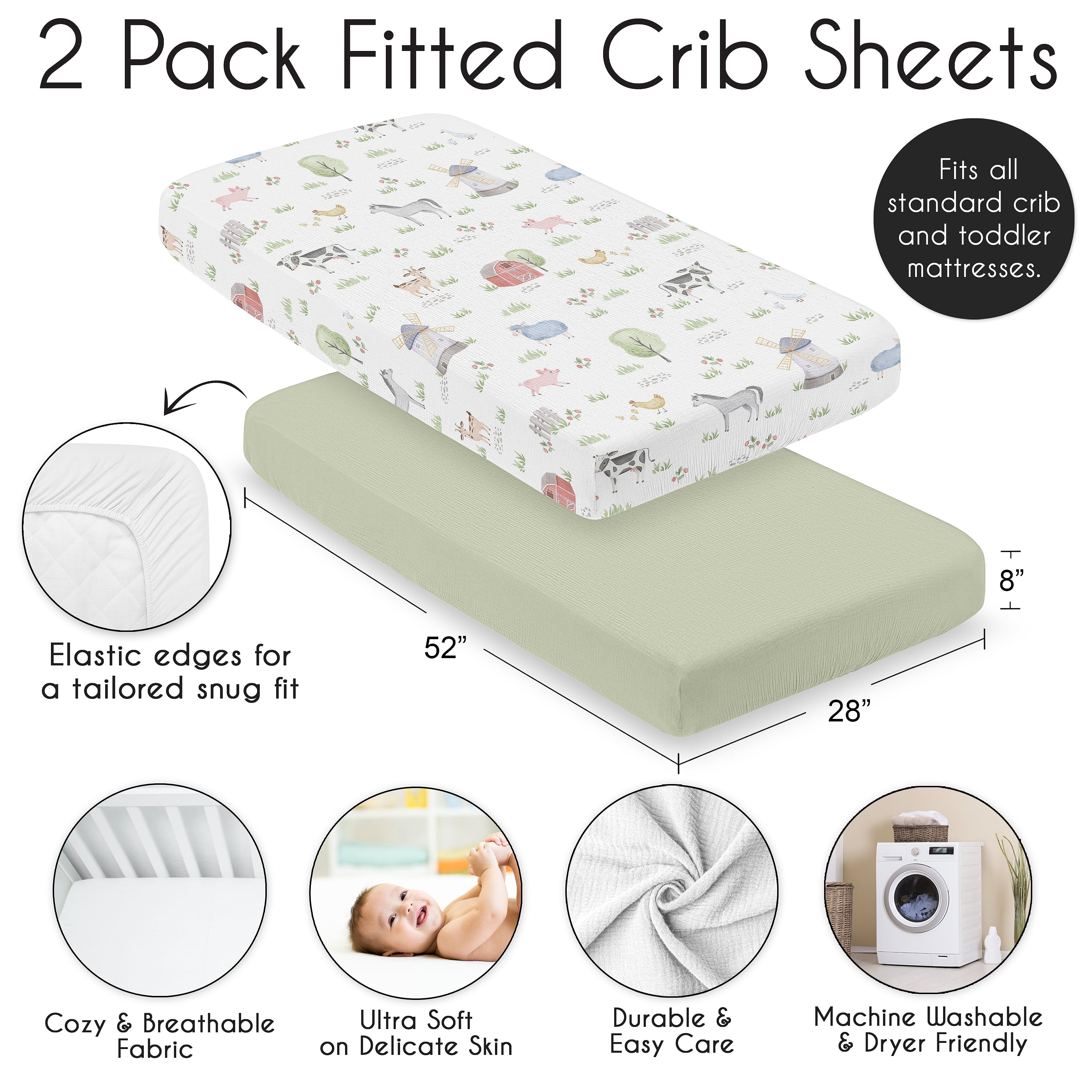 Sweet Jojo Designs Farm Animals Boy or Girl Gender Neutral Unisex 100% Cotton Muslin Fitted Crib Sheets Set 2 Piece
