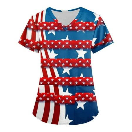 

American Flag Print Shirts Plus Size Retro Independence Day Printed Scrub Working Uniform Tops For Women Cross V-Neck Short Sleeve Fun T-Shirts Workwear Tee With Pockets Red 3X-Large