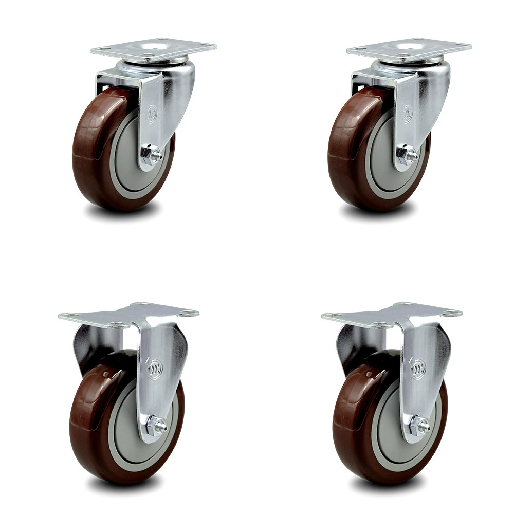 Swivel Caster Set of with Rigid Casters Inch Maroon Polyurethane  Wheel – 350 lbs. Capacity Per Caster–4 Inch x 4-1/2 Inch Overall Top  Plate–Service Caster Brand
