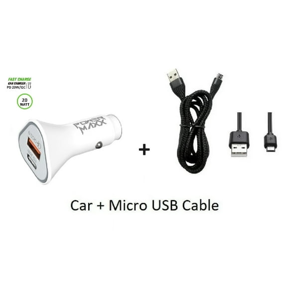 Compatible for Wiko Life 3 / Tinno U316AT 20W Car Charger PD   2.4A USB with 3FT Blue Braided Type A to Micro USB