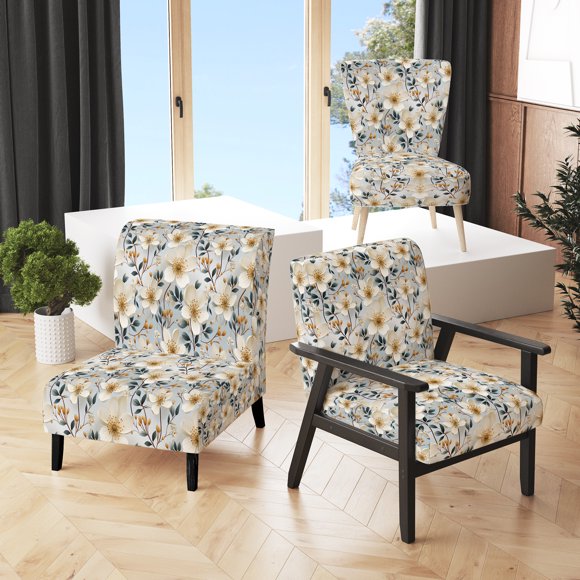 Designart "Elegant Ivory Seashell Florals III" White Floral Upholstered Accent Chair - Cottage Arm Chair For Bedroom