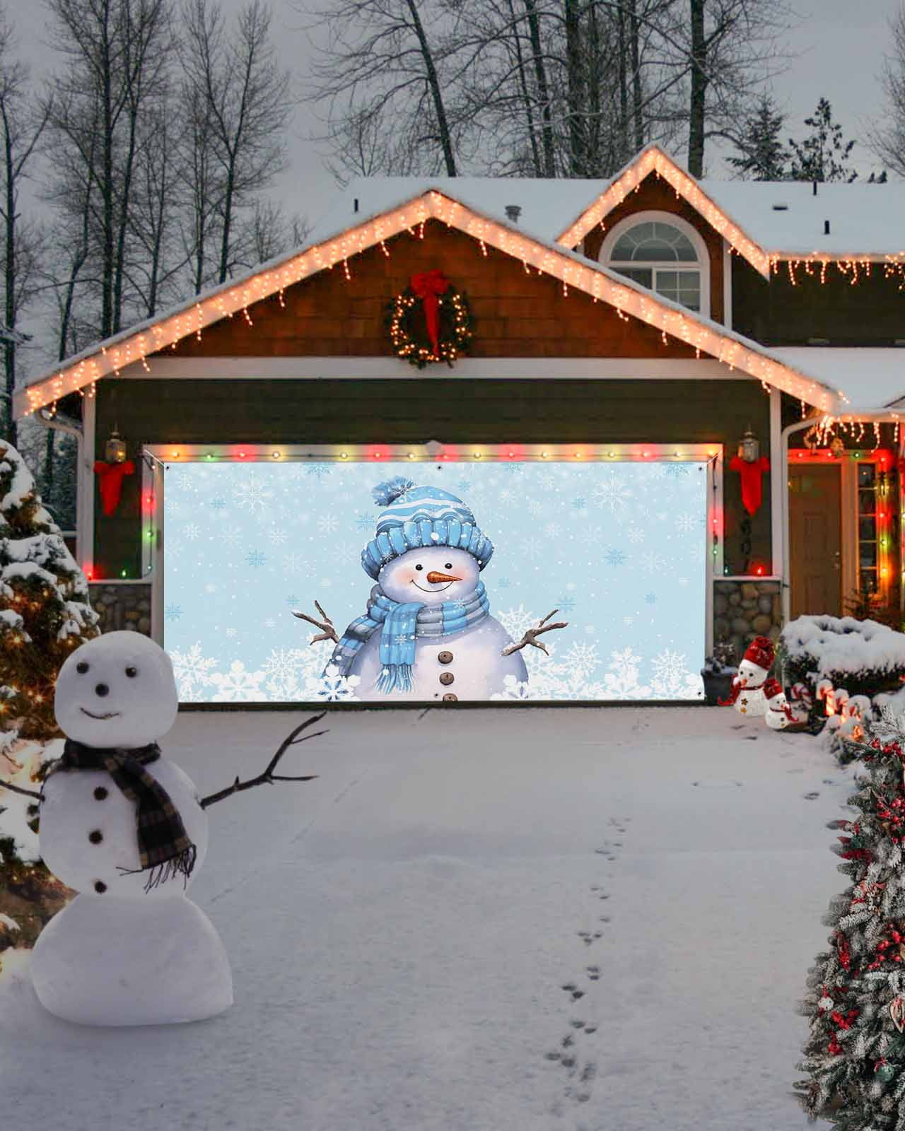 Garage Door Banner Cover 6 x 13 ft, Light Blue Christmas Snowman with Cap Xmas Tree Snowflake Christmas Garage Door Decorations Holiday Christmas Backdrop Decor for Winter New Year Xmas Party