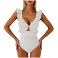 thumbnail image 4 of One Piece Swimsuits for Women Built-in Padded Cups V Neck Ruffle Shoulder Bathing Suit Ruched Tummy Control Monokini Flattering Full Coverage Beachwear, 4 of 6