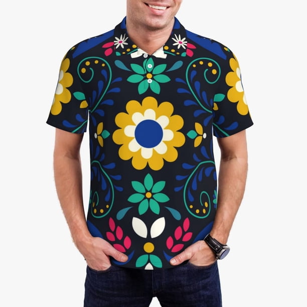 Fotbe Colorful Mexican Flower Camiseta Polo de Golf para Hombre con Estampado – Camisa Deportiva Transpirable con Cuello Abotonado-Large